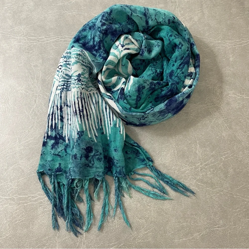 Fringed Blue/Bluegreen Leaf Print 20” x 64” Batik Scarf